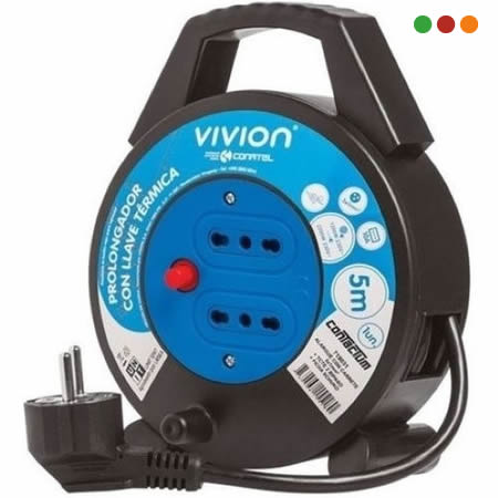 Electricidad | Alargue Carretel 5 mt / 2 x tomas / Llave / Ficha Schuko VIVION